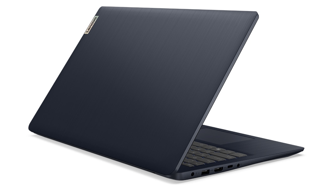Rear facing view of Lenovo IdeaPad 3 Gen 7 15” AMD angled to the right, showing left side ports.