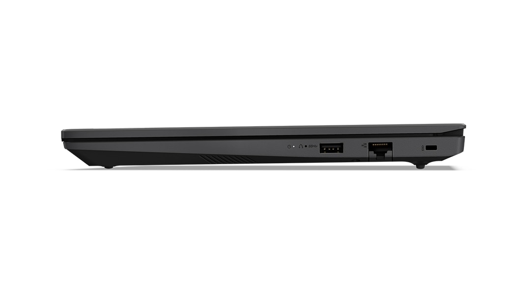 Ports latéraux droits du portable Lenovo V14 Gen 4 en Business Black, capot fermé.
