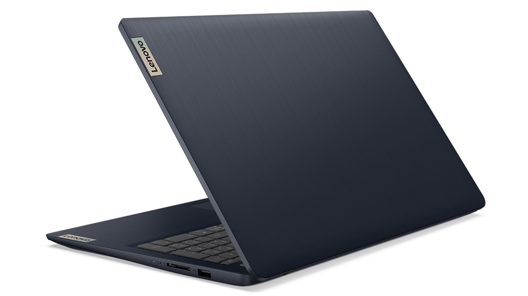 Rear facing view of Lenovo IdeaPad 3 Gen 7 15” AMD angled to the left, showing right side ports.