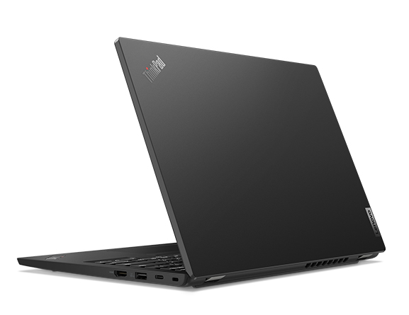 Rear-facing Lenovo ThinkPad L13 Gen 4 laptop open less than 90 degrees, in Thunder Black.