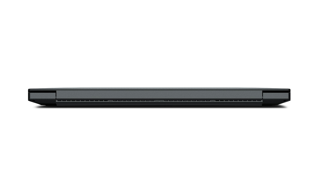 Close-up of rear-facing  Lenovo ThinkPad P1 Gen 6 (16″ Intel) mobile workstation, closed, showing edges of top & rear covers, & hinges