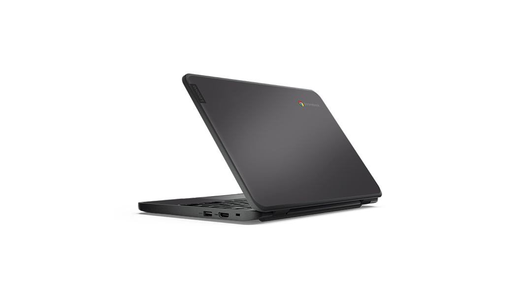 Rear view of Lenovo 100e Chromebook Gen 3 open less than 90 degrees, showcasing Gray color with speckled finish. 