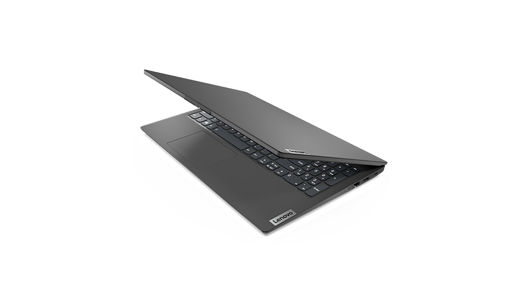 Notebook Lenovo V15 di seconda generazione (15'' AMD) - vista anteriore destra di tre quarti, parzialmente aperto