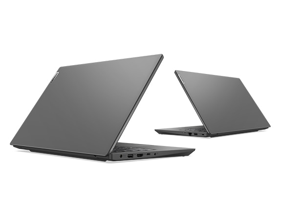 Achteraanzicht van twee gedeeltelijk geopende Lenovo V14 Gen 3-laptops (14'' AMD), met voorklep en rand van de toetsenborden