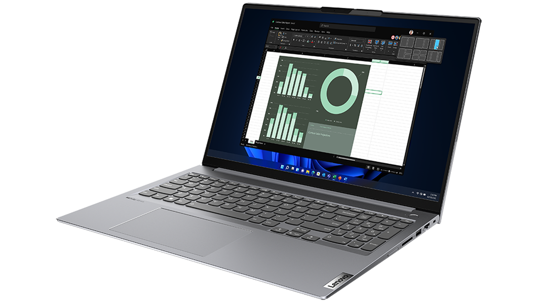 Lenovo ThinkBook 16 Gen 4  kannettava edestä kuvattuna, vinoittain niin, että oikealla puolella olevat liitännät, näppäimistö ja näyttö ovat näkyvissä.