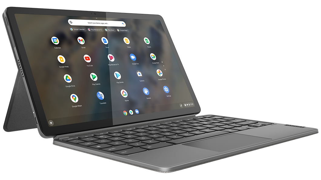 27,9 cm (11'') Chromebook IdeaPad Duet 3 im Laptop-Modus, Seitenansicht von links mit Blick auf Tastatur, Display und die als Ständer genutzte Folio-Hülle