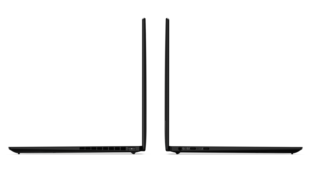 Oikeassa kulmassa avattu ThinkPad X1 Nano  kannettava vasemmalta ja oikealta sivulta kuvattuna