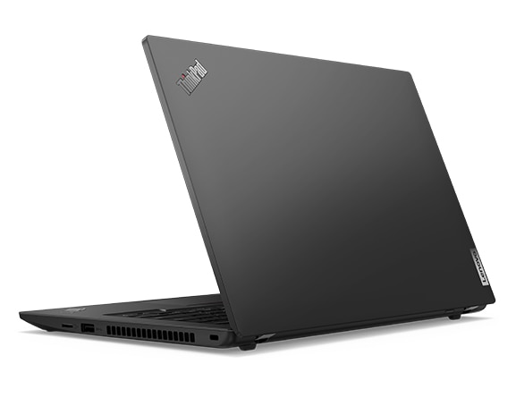 Lenovo ThinkPad L14 Gen 3 (14'', AMD) takavasemmalta kuvattuna, hieman avattuna, yläkansi ja osa näppäimistöstä näkyvissä