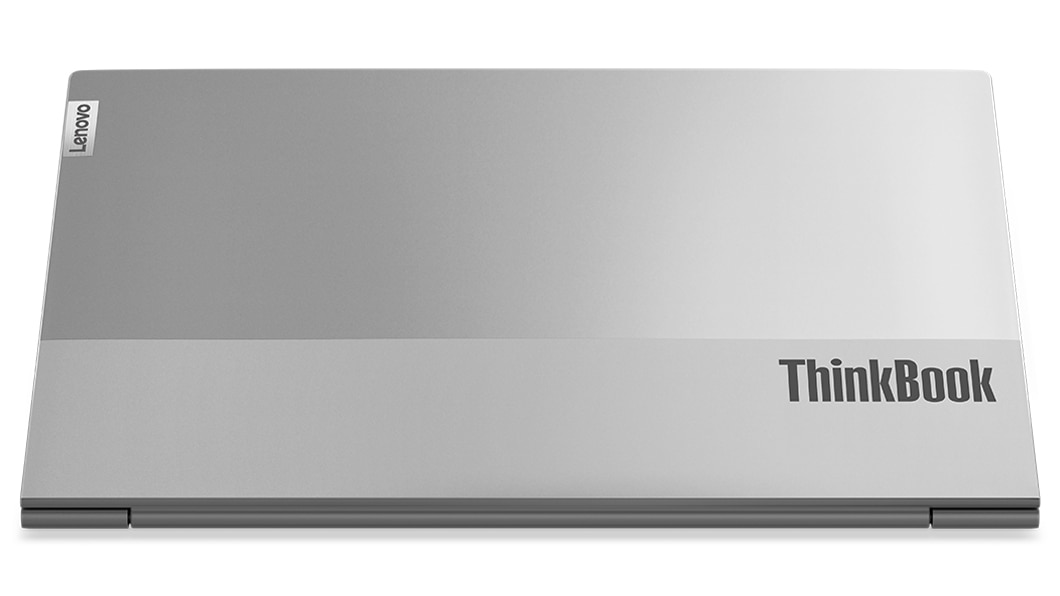 Gesloten, tweekleurige boekachtige omslag op de Lenovo ThinkBook 13s Gen 4-laptop in Cloud Grey.