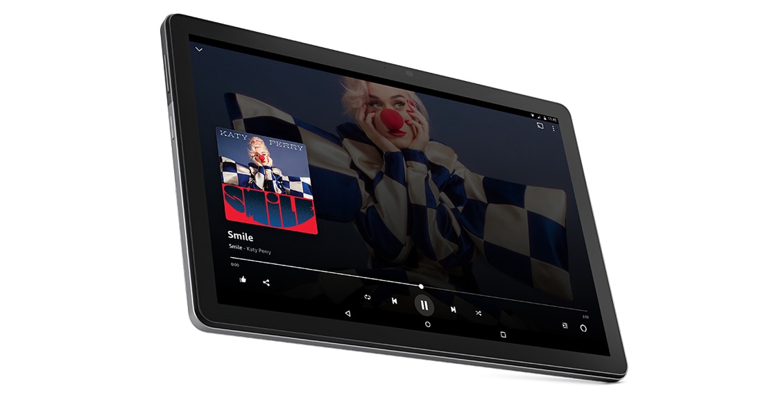 Tab M10 Gen 3 voorzijde gezien vanaf rechts met Amazon Music Unlimited UI op het scherm.