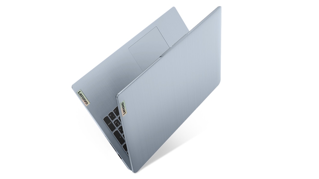 Back side view of Lenovo IdeaPad 3 Gen 7 15'' AMD open 45 degrees, angled to the left and pointing skyward, showcasing thin and light design.