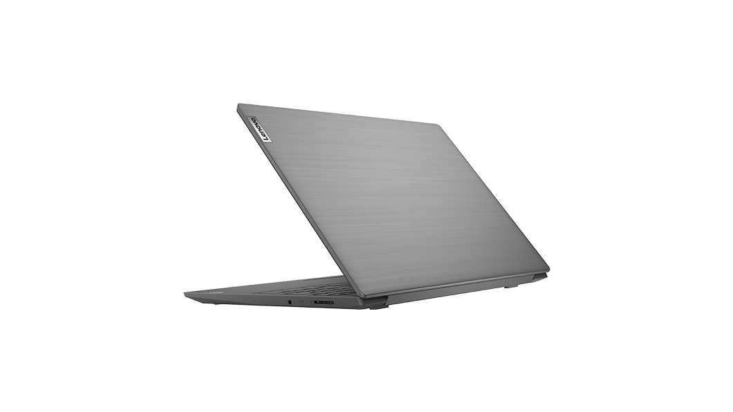 Notebook Lenovo V15, vista posteriore destra di tre quarti, parzialmente aperto