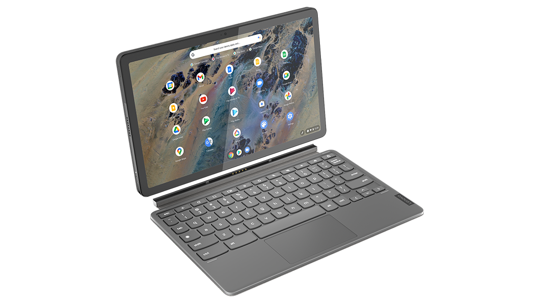 Vue de dessus du Chromebook Duet Lenovo Education Edition 2-en-1, montrant le clavier amovible et l’écran