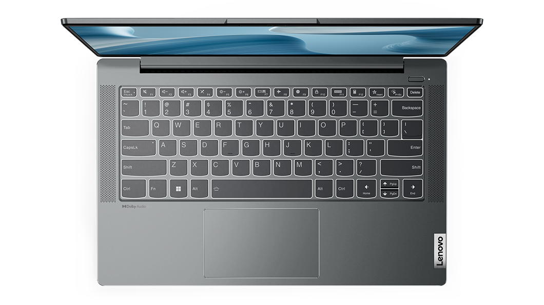 Vista desde arriba del teclado y la pantalla del portátil IdeaPad 5i de 7.ª generación en color Storm Grey