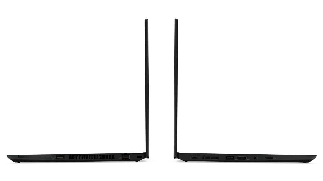 Lenovo ThinkPad P14s Workstation – Ansicht von links und rechts bei um 90 Grad aufgeklapptem Notebook