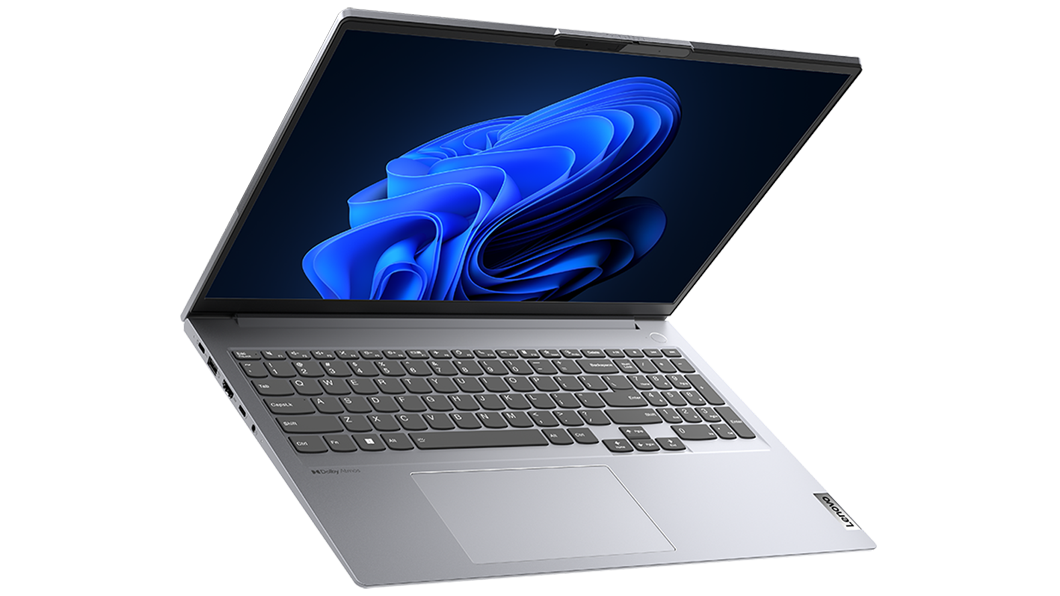 Lenovo ThinkBook 16 Gen 4  kannettavan näyttö ja näppäimistö edestä kuvattuna.