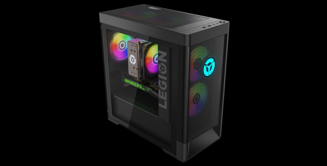 Legion Tower 5i Gen 7 front view, facing right, with view of left side window that shows off the RGB lighted fans and NVIDIA® GeForce RTX™ 3070 GPU.