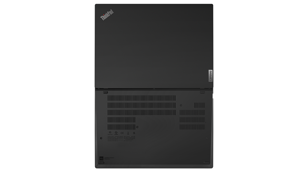 Vue aérienne du ThinkPad T14 Gen 3 (14 AMD) ouvert à 180 degrés et posé à plat, montrant le capot supérieur et le cache arrière