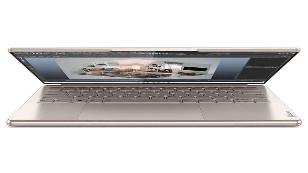 Lenovo Yoga Slim 9i Gen 7 (14 tuumaa, Intel) -kannettava edestä kuvattuna, hieman avattuna, osa näytöstä ja näppäimistö näkyvissä