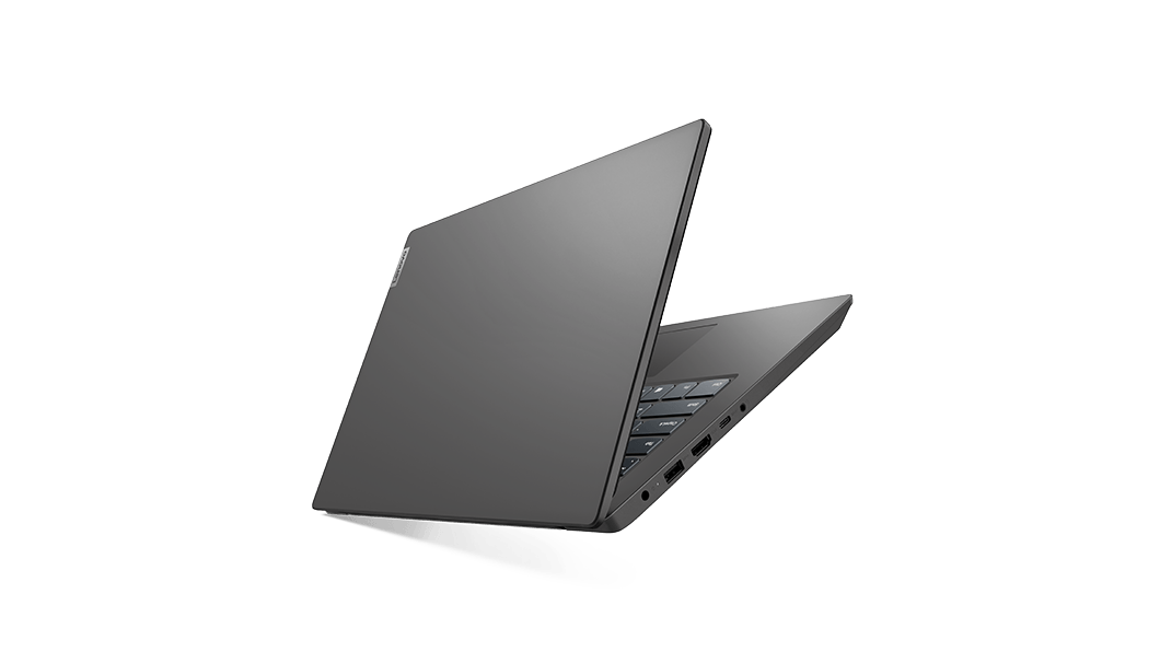 Lenovo V14 Gen 2 (14'' AMD)-laptop: ¾-aanzicht vanaf linksachter, met scherm deels geopend