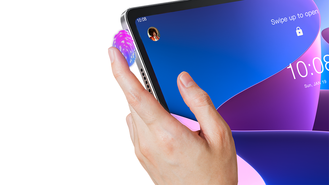 Nærbilde av en menneskefinger på den sikkerhetsaktiverte fingeravtrykksstrømknappen på Lenovo Tab P12 Pro.