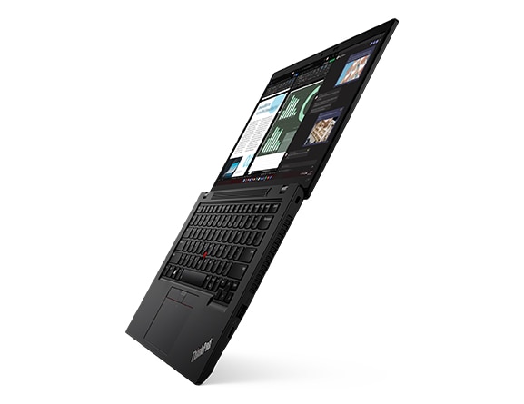 Lenovo ThinkPad L14 Gen 4 (14” Intel) laptop—right view, lid open 180 degrees, standing at an angle