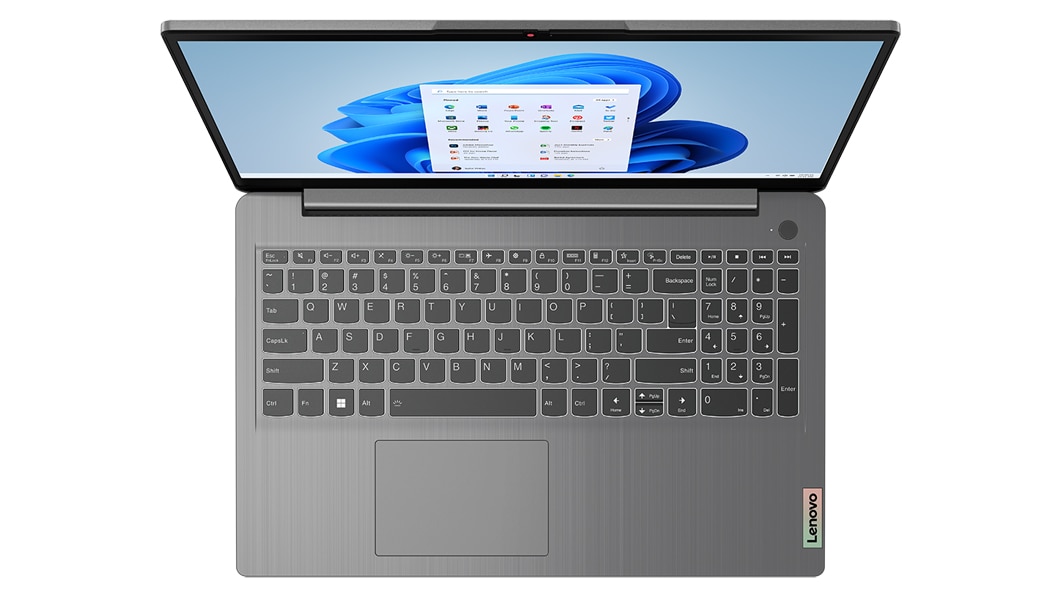 Lenovo IdeaPad 3 (7.ª geração) de 15'' (38,1 cm, AMD): aberto a 135 graus, vista superior a mostrar uma vista clara do teclado.