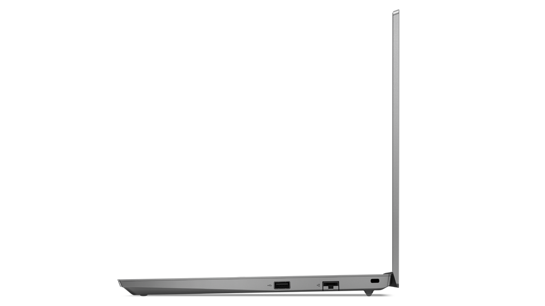 Right side profile of ThinkPad E15 Gen 4 business laptop, opened 90 degrees, showing ports and thin edge of display and keyboard