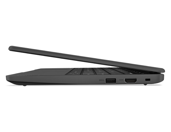 Front-facing right-side profile of Lenovo 100e Chromebook Gen 4, slightly opened, showing right-side ports