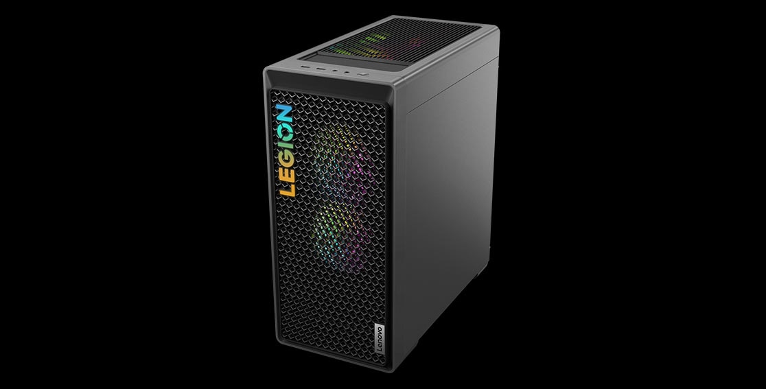 High-angle, front-right corner view of the Legion Tower 5i Gen 8 (Intel) gaming PC, showing the front- and top-side venting, top-facing ports, and interior RGB lighting.