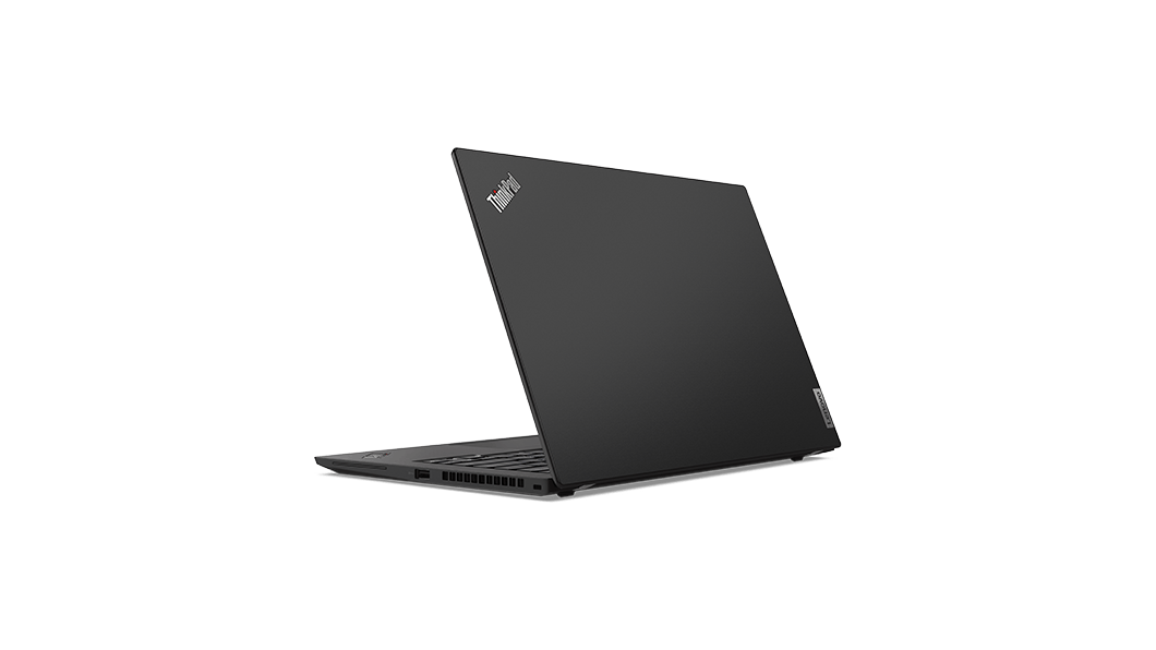 Black-värinen Lenovo ThinkPad T14s Gen 2  kannettava takaa kuvattuna, avattuna 90 astetta, vinoittain niin, että oikealla puolella olevat liitännät ovat näkyvissä.