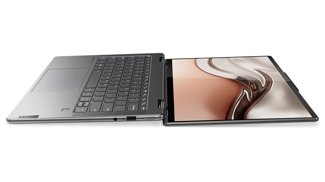 Portátil Yoga 7 (7.ª geração): aberto a 180 graus a mostrar o ecrã e o teclado