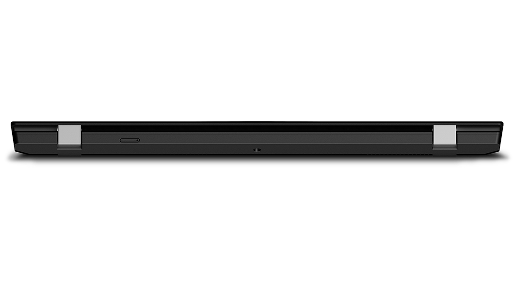 Bild bakifrån av den mobila workstationen Lenovo ThinkPad P15v Gen 3 stängd. Gångjärn och portar visas.