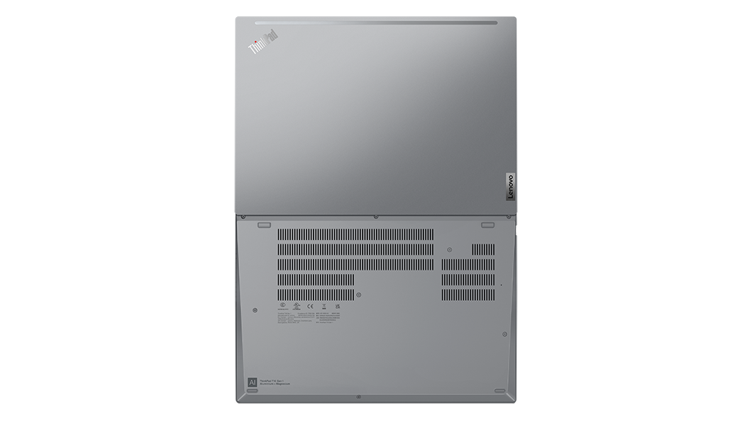 Aerial view of ThinkPad T16 Gen 1 (16” AMD) laptop, opened 180 degrees, laid flat, showing front and rear cover