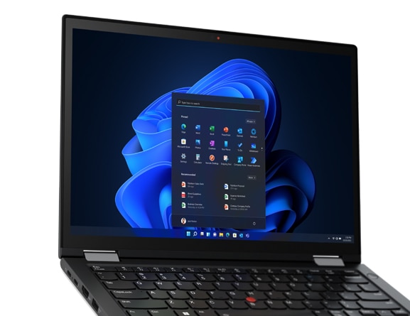 Vue latérale gauche du ThinkPad X13 Yoga Gen 3 (13'' Intel) en mode portable, montrant l’affichage PrivacyGuard