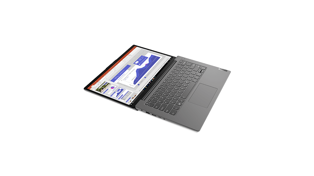 Lenovo V14 Gen 2 (14'' AMD)-laptop: ¾-aanzicht vanaf linksvoor, van bovenaf, scherm opengeklapt, met presentatiesoftware op het scherm