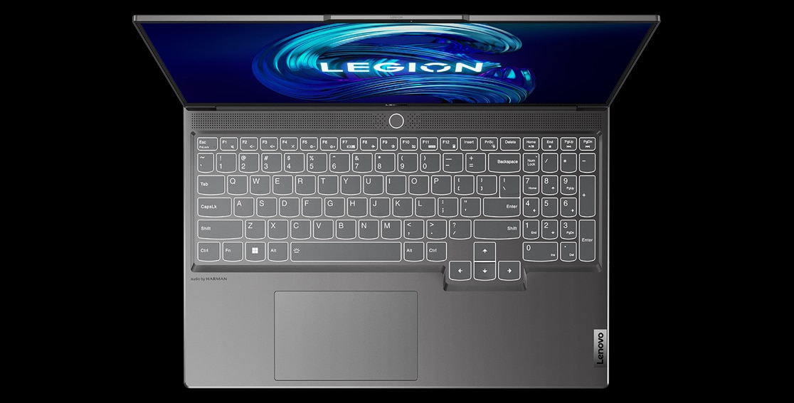 Legion Slim 7i Gen 7 view from above, opened with white keyboard backlight on