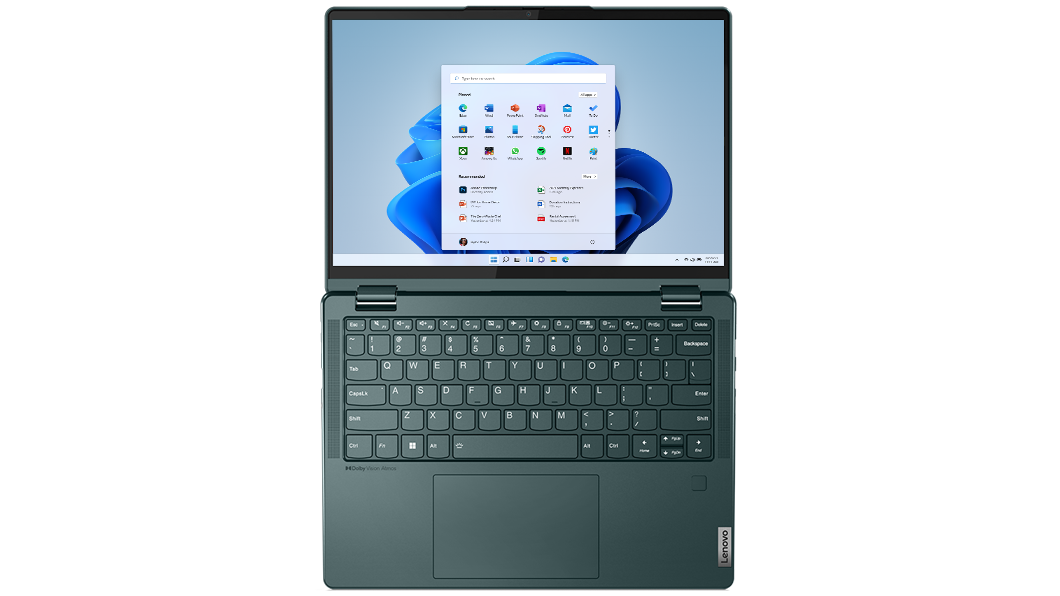 Vista dall'alto del notebook convertibile Lenovo Yoga 6 di settima generazione aperto a 180° gradi con tastiera e schermo.