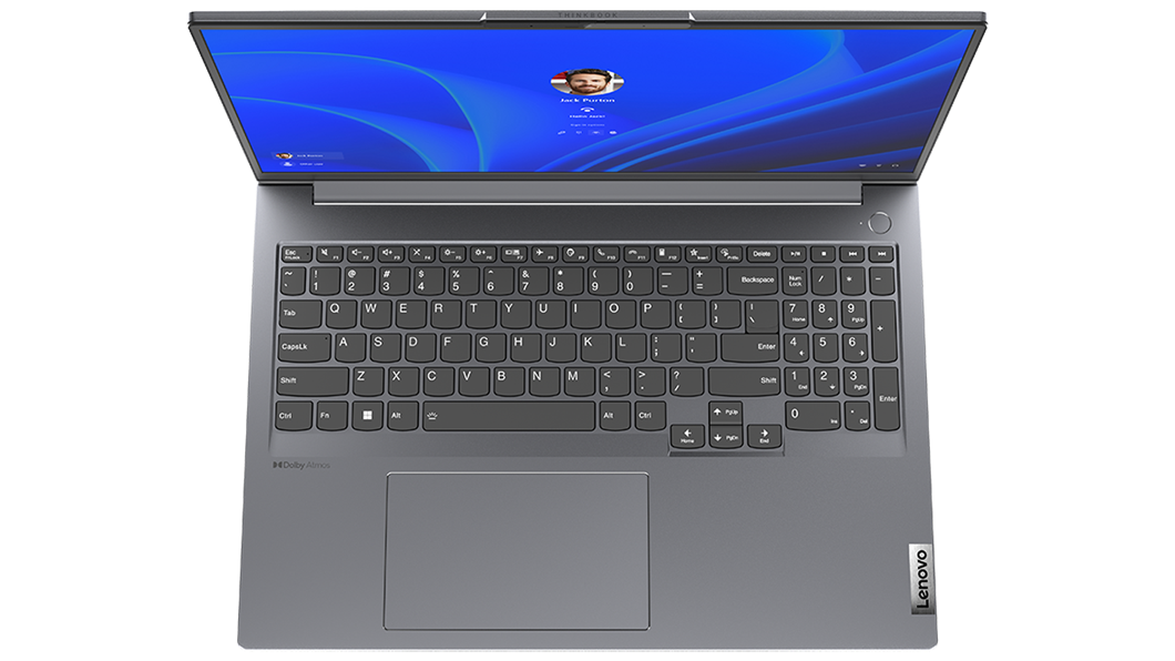 Inquadratura dall'alto della tastiera del notebook Lenovo ThinkBook 16 di quarta generazione.