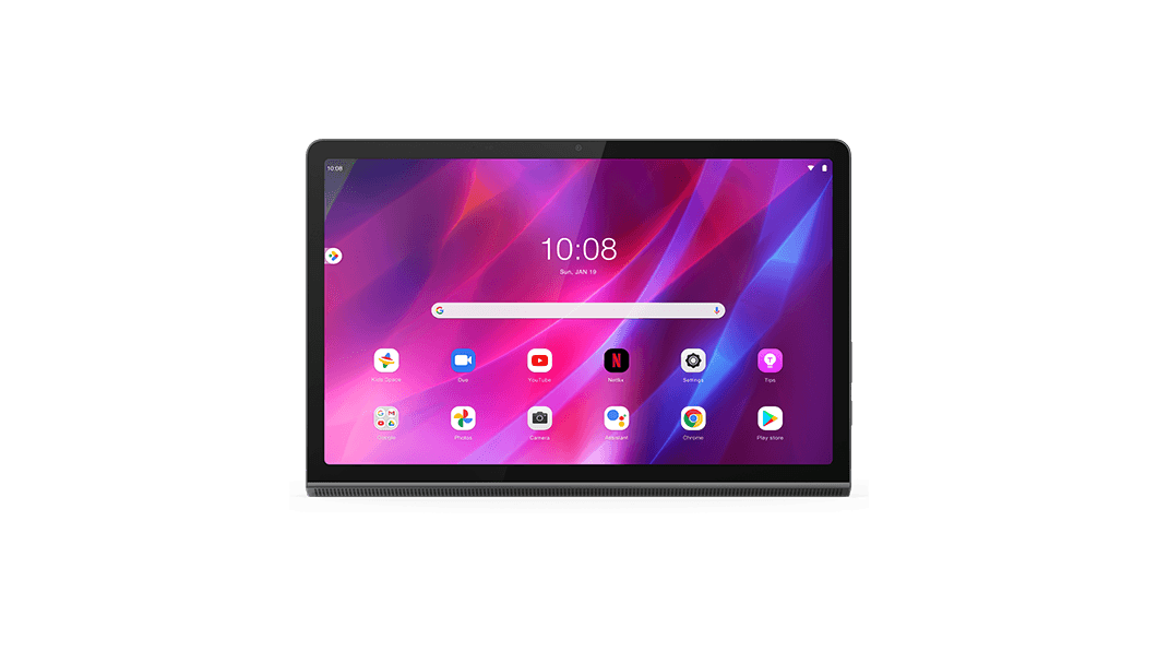 Lenovo Yoga Tab 11 ‑tabletti – edestä kuvattuna, aloitusnäyttö ja sovelluskuvakkeet näytössä