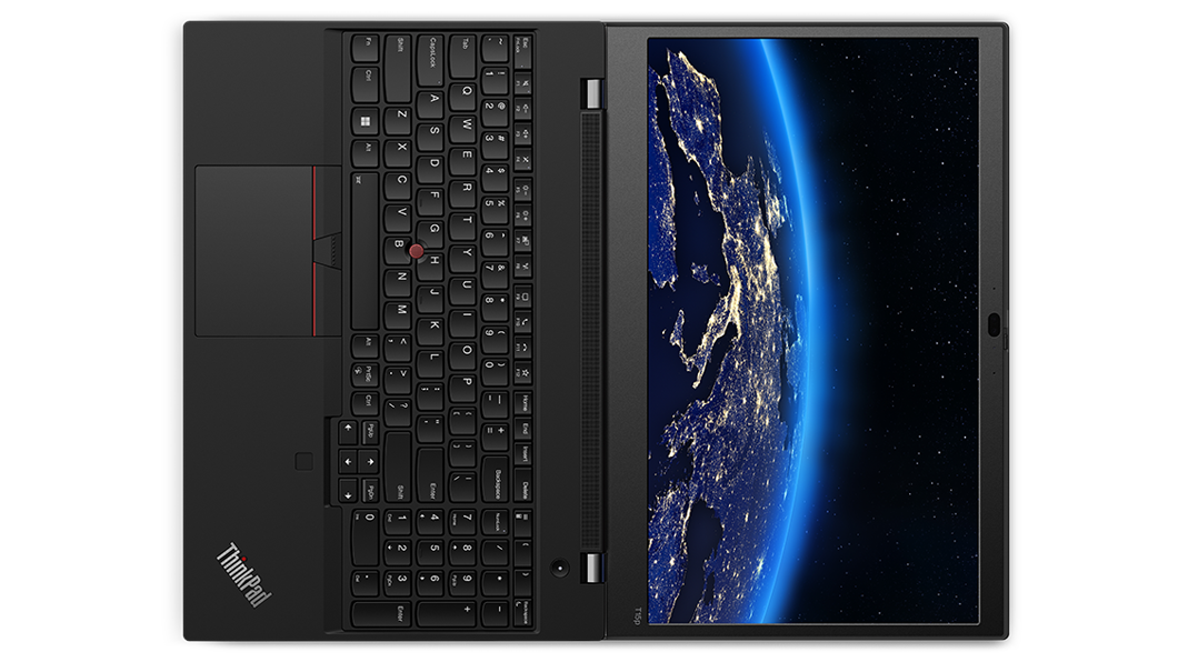 Bovenaanzicht van ThinkPad T15p Gen 3 (15-inch, Intel) mobile workstation, 180 graden geopend, plat liggend, met beeldscherm en toetsenbord zichtbaar
