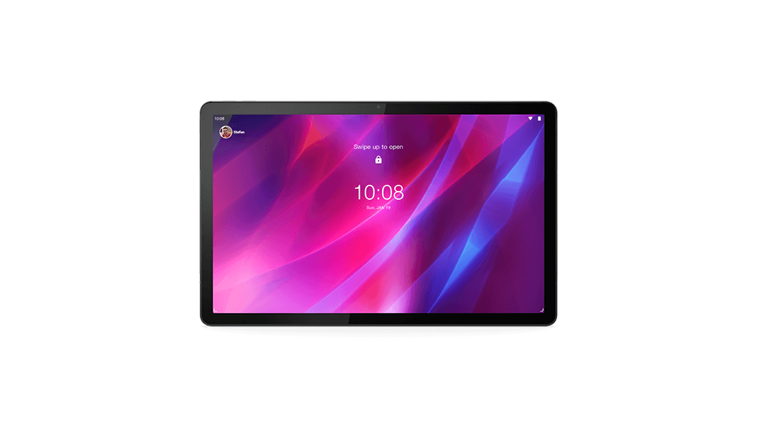Lenovo Tab P11 Plus tablet—front view with pink and blue graphics on the display