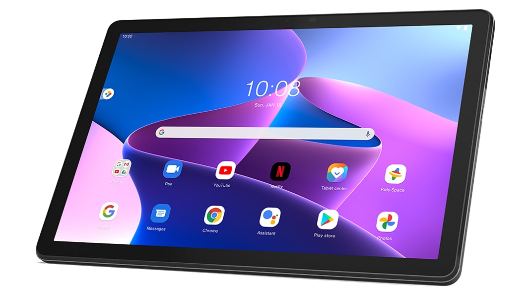 Vista de la Lenovo Tab M10 3ra Gen (10”, Android), vista a 45°, que muestra la pantalla prendida.