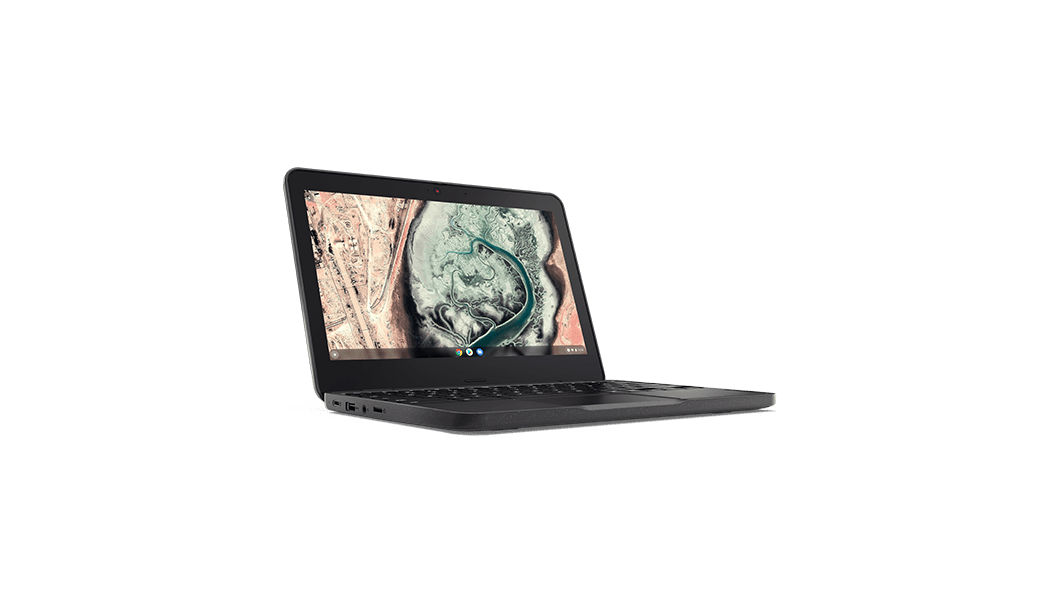 Lenovo 100e Chromebook Gen 3, Vorderansicht, um 90 Grad geöffnet und leicht schräg mit Blick auf die Anschlüsse auf der linken Seite.