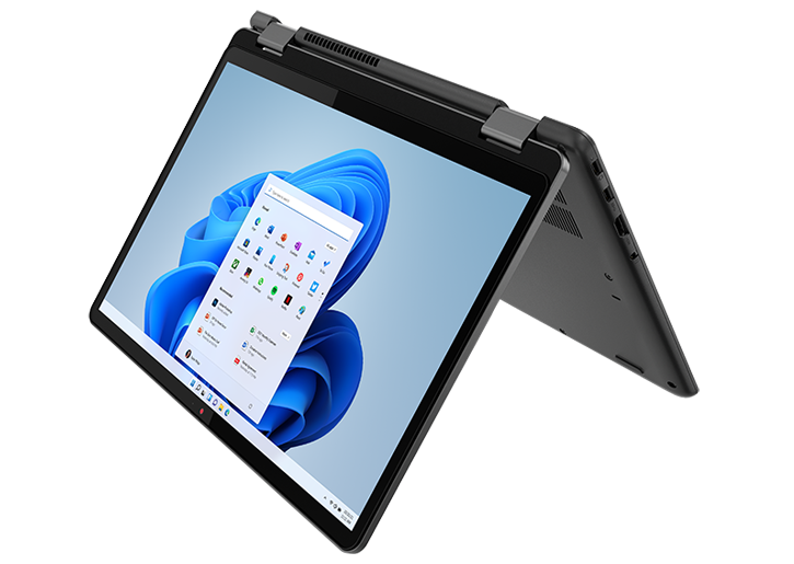 Lenovo 13w Yoga 2-in-1 laptop aan de linkerkant, in tentmodus met zichtbaar beeldscherm.