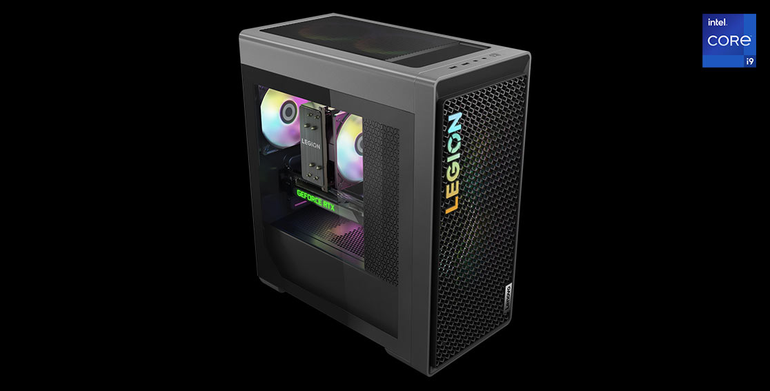 High-angle, front-left corner view of the Legion Tower 5i Gen 8 (Intel) gaming PC showing the optional transparent side panel, top-facing ports, and interior RGB lighting