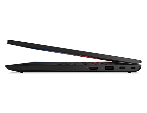 Right-side profile view of facing Lenovo Thinkpad L13 Gen4 with cover barely open.