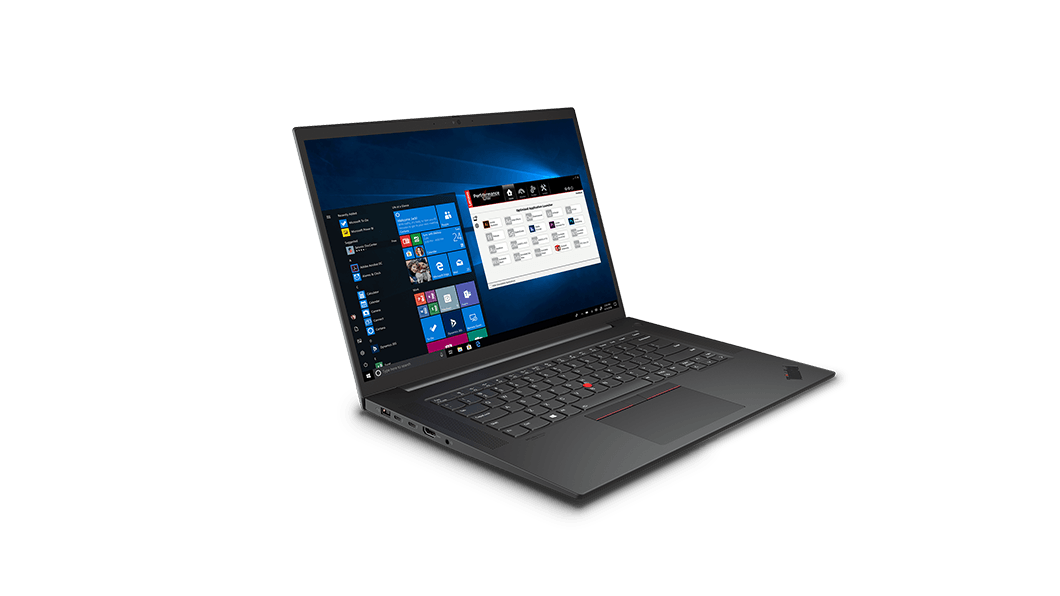 Lenovo ThinkPad P1 Gen 4 mobile workstation open 90 degrees, angled to show left-side ports. 