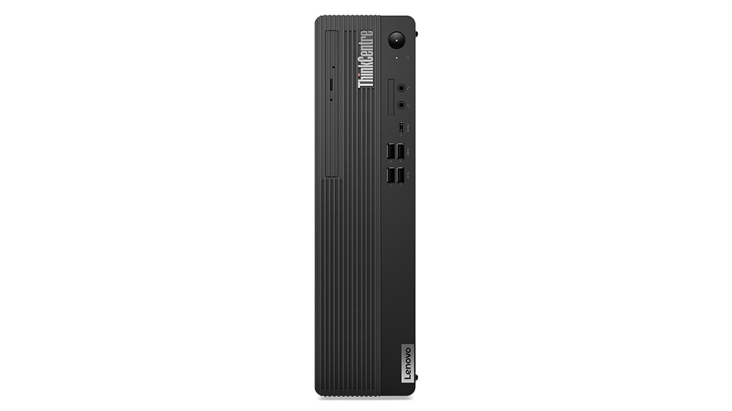 Front facing Lenovo ThinkCentre M90s Gen 3 (Intel) small form factor desktop PC, stood vertically, showing ports plus logos for Lenovo and ThinkCentre