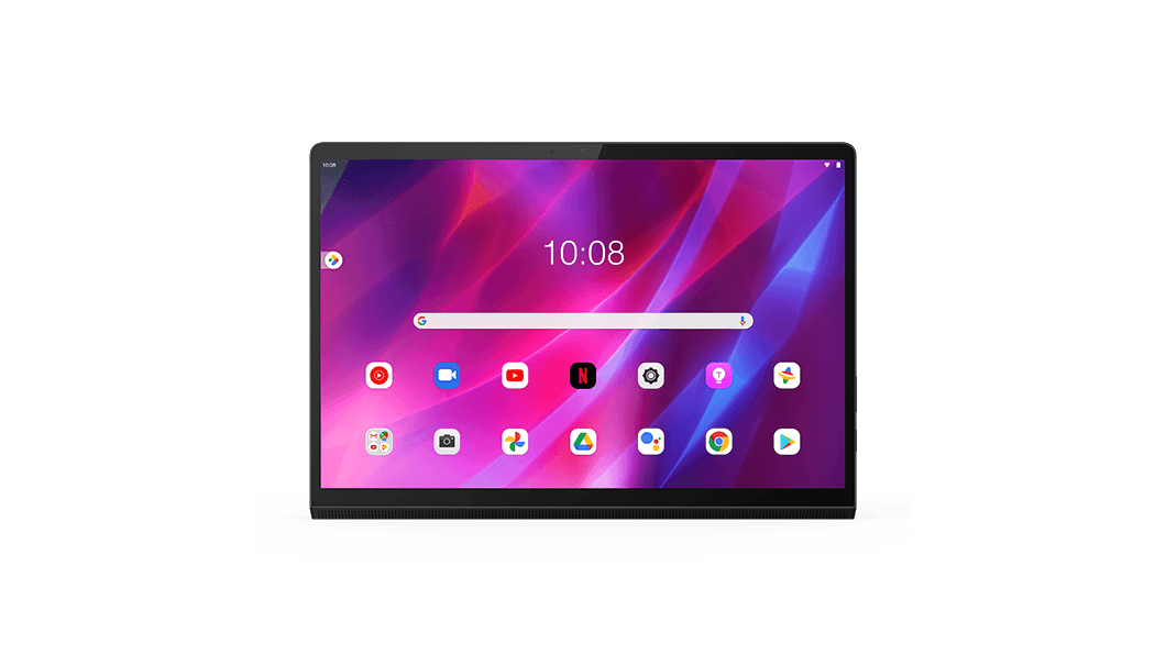Imagen frontal de la tablet Lenovo Yoga Tab 13 con la pantalla encendida